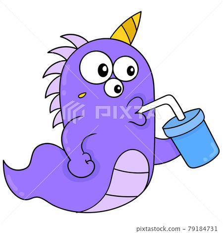 cute purple horned monster drinking from a glass straw, doodle icon image kawaii 79184731