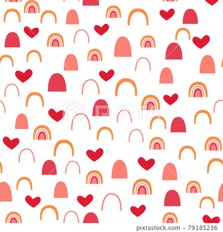 Seamless childish pattern on a white background with hand-drawn rainbows and hearts, Creative Scandinavian children s texture for fabric, packaging, textiles, wallpaper, clothing. Vector illustration. 79185236