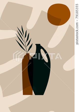 Boho Art, Abstract Vase and plant illustration, Sun shape. Wall Print Poster. Vector. Green Brown color Boho Art, Abstract Vase and plant illustration, Sun shape. Wall Print Poster. Vector. Green Brown color 79185355