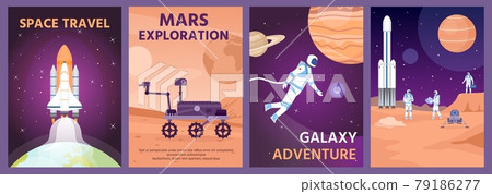 Space exploring poster. Galaxy landscape with rocket, planets and astronaut. Mars rover on planet surface. Cosmic science banner vector set 79186277