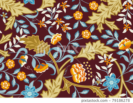 Floral seamless pattern with abstract flowers and foliage on burgundy background. Vector illustration. 79186278