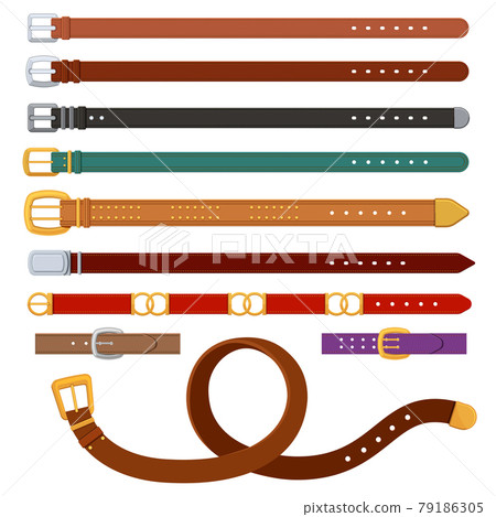 Leather belts. Female and male belt with metal or golden buckles. Fashion clothing accessories for trousers. Brown strap design vector set Leather belts. Female and male belt with metal or golden buckles. Fashion clothing accessories for trousers. Brown strap design vector set 79186305