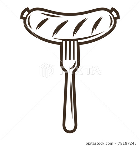 Illustration of fried sausage on fork. Object in engraving hand drawn style. Old element for beer festival or Oktoberfest. Illustration of fried sausage on fork. Object in engraving hand drawn style. Old element for beer festival or Oktoberfest. 79187243