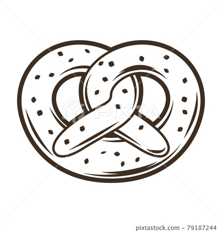 Illustration of baked pretzel. Object in engraving hand drawn style. Old element for beer festival or Oktoberfest. 79187244