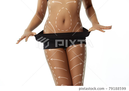 Close-up beautiful female body with lifting up arrows isolated on white background 79188599