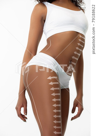 Beautiful female body with lifting up arrows isolated on white background 79188622