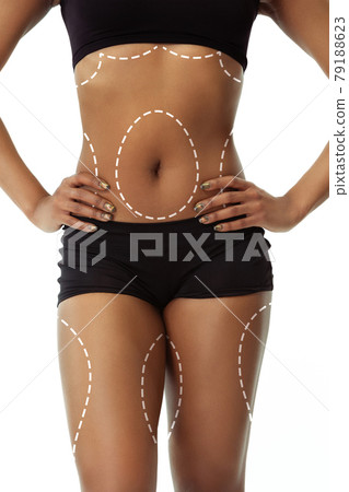 Flat, fit belly. Beautiful female body with lifting up arrows isolated on white background 79188623