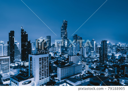 Aerial view of Bangkok Downtown Skyline with road street. Thailand. Financial district and business centers in smart urban city in Asia. Skyscraper and high-rise buildings at night. 79188905