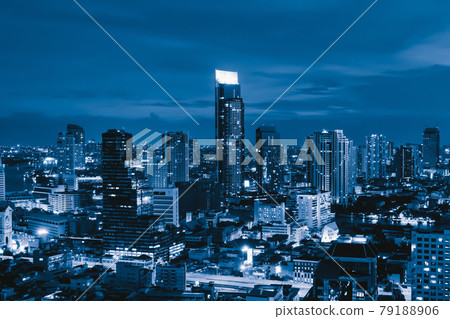 Aerial view of Bangkok Downtown Skyline with road street. Thailand. Financial district and business centers in smart urban city in Asia. Skyscraper and high-rise buildings at night. 79188906