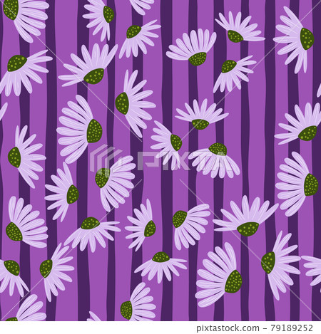 Random bright seamless pattern with simple style daisy flowers silhouettes. Purple striped background. 79189252