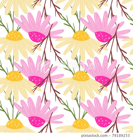 Abstract floral seamless pattern with botanic pink and yellow calendula elements. Isolated backdrop. Abstract floral seamless pattern with botanic pink and yellow calendula elements. Isolated backdrop. 79189253