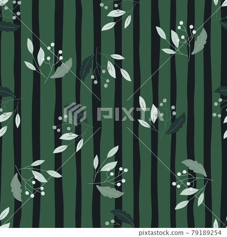 Scrapbook floral seamless pattern with random hand drawn berry ornament. Green striped background. Doodle style. Scrapbook floral seamless pattern with random hand drawn berry ornament. Green striped background. Doodle style. 79189254