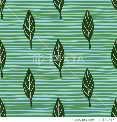 Spring style seamless pattern with green abstract leaf elements print. Striped turquoise background. 79189257