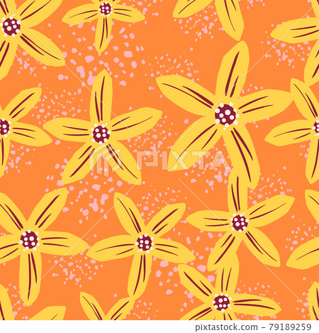 Abstract yellow flowers mandarin seamless doodle pattern. Orange background with splashes. Summer style. 79189259