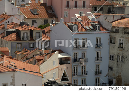 Lisbon aerial panorama landscape cityscape roofs and chimney detail 79189496