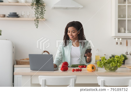 Modern devices, work remotely, new recipe and cook dinner for food blog Modern devices, work remotely, new recipe and cook dinner for food blog 79189732