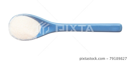 top view of agar powder in ceramic spoon isolated 79189827