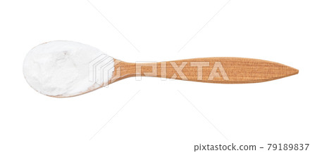top view of potato starch in wood spoon isolated top view of potato starch in wood spoon isolated 79189837
