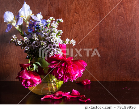 withered flowers in vase on dark brown background withered flowers in vase on dark brown background 79189956