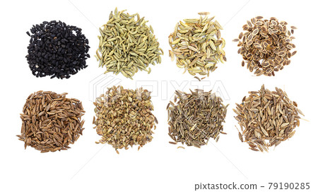 various cumin like fruits on white backgroud 79190285
