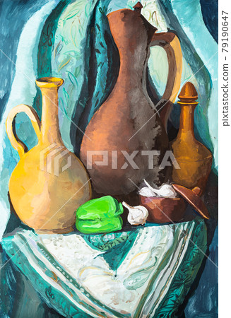 still life with jugs and vegetables on green cloth still life with jugs and vegetables on green cloth 79190647