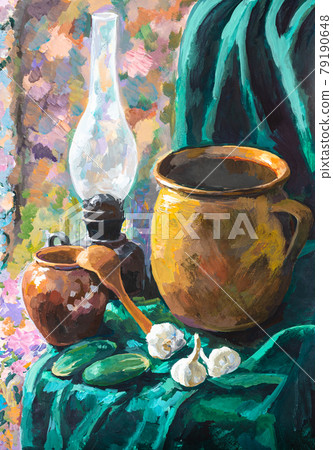 still life with ceramic pots and kerosene lamp still life with ceramic pots and kerosene lamp 79190648