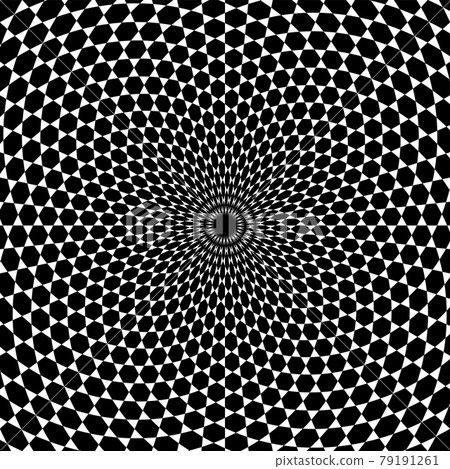 Hexagon pattern spiral background. Black hexagons surrounded by white triangles, developed in a spiral from center outwards. Trihexagonal tiling, similar to a Kagome lattice or a Star of David. Vector 79191261