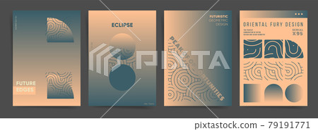Gradient space geometric poster layouts collection. For poster, book magazine covers, brochure, identity and web art. halftone gradient with wavy lines and retro 70s design, Vector aesthetics backdrop 79191771