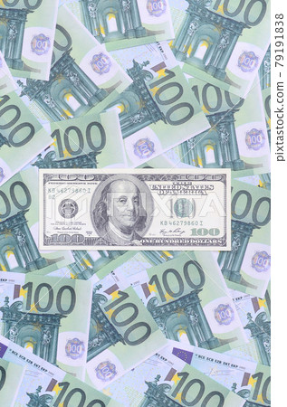 100 dollars bill is lies on a set of green monetary denominations of 100 euros. A lot of money forms an infinite heap 100 dollars bill is lies on a set of green monetary denominations of 100 euros. A lot of money forms an infinite heap 79191838