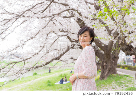 一個女人在日本享受春天，一排櫻花樹 79192456