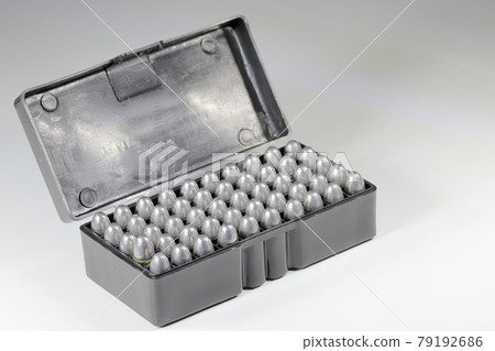 Box of bullet 9mm parabellum LRN ( lead round nose ) in black container isolate on white background Box of bullet 9mm parabellum LRN ( lead round nose ) in black container isolate on white background 79192686