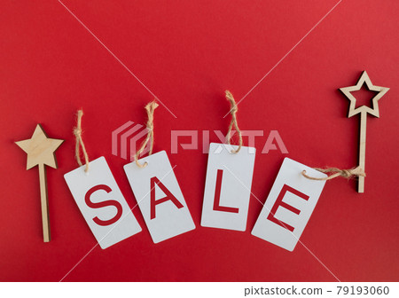 Four labels with the words Sale on a red background. Banner, poster, showcase. Four labels with the words Sale on a red background. Banner, poster, showcase. 79193060