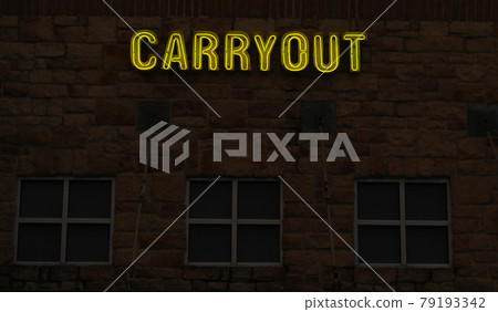 Vintage Neon Carryout Sign on Brick Building Wall Vintage Neon Carryout Sign on Brick Building Wall 79193342