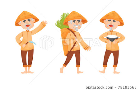 Asian Man Farmer in Straw Conical Hat Carrying Basket with Rice Grass Vector Set Asian Man Farmer in Straw Conical Hat Carrying Basket with Rice Grass Vector Set 79193563
