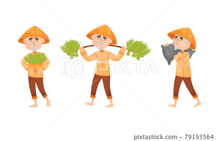 Asian Man Farmer in Straw Conical Hat Carrying Rice Grass in Sack and Wicker Basket Vector Set Asian Man Farmer in Straw Conical Hat Carrying Rice Grass in Sack and Wicker Basket Vector Set 79193564