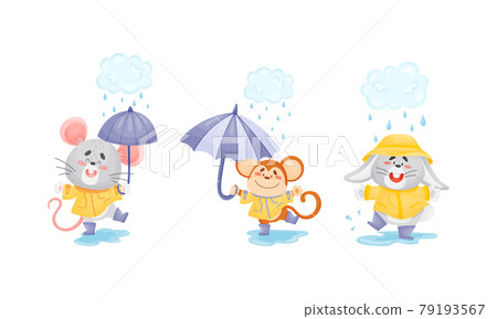 Smiling Animals Wearing Coat Walking on Puddles in Rainy Day with Umbrella Vector Set Smiling Animals Wearing Coat Walking on Puddles in Rainy Day with Umbrella Vector Set 79193567