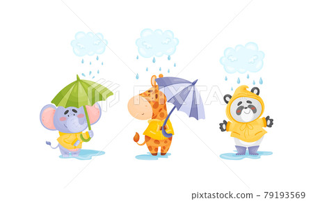 Smiling Animals Wearing Coat Walking on Puddles in Rainy Day with Umbrella Vector Set 79193569