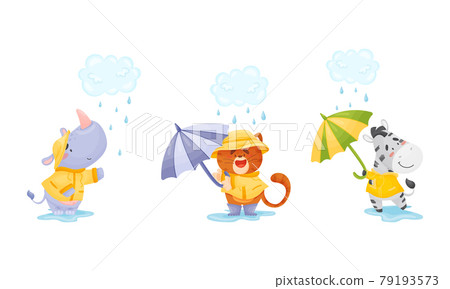 Smiling Animals Wearing Coat Walking on Puddles in Rainy Day with Umbrella Vector Set Smiling Animals Wearing Coat Walking on Puddles in Rainy Day with Umbrella Vector Set 79193573