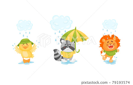Smiling Animals Wearing Coat Walking on Puddles in Rainy Day with Umbrella Vector Set Smiling Animals Wearing Coat Walking on Puddles in Rainy Day with Umbrella Vector Set 79193574