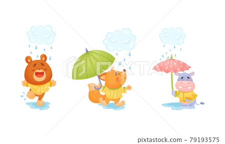 Smiling Animals Wearing Coat Walking on Puddles in Rainy Day with Umbrella Vector Set 79193575