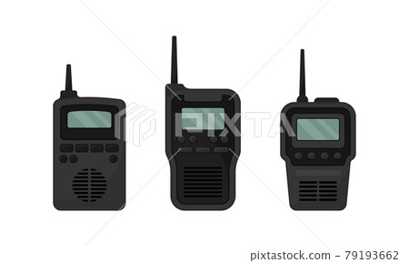Black Portable Radio Device or Walkie Talkie with Antenna Vector Set 79193662