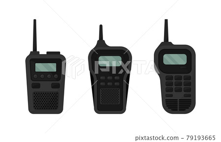 Black Portable Radio Device or Walkie Talkie with Antenna Vector Set 79193665