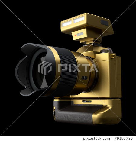 Nonexistent DSLR camera with lens and external flash speedlight on black. Nonexistent DSLR camera with lens and external flash speedlight on black. 79193786