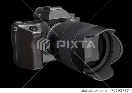 Concept of nonexistent DSLR camera with macro lens isolated on black background. 79193787