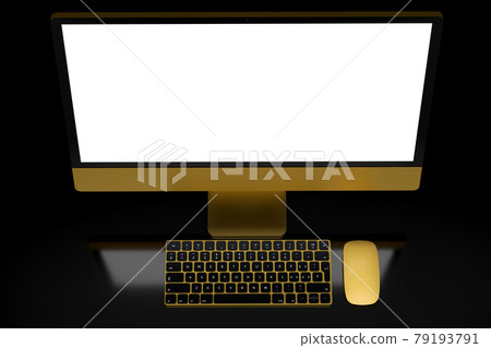 Realistic gold computer screen display with keyboard and mouse isolated on black Realistic gold computer screen display with keyboard and mouse isolated on black 79193791