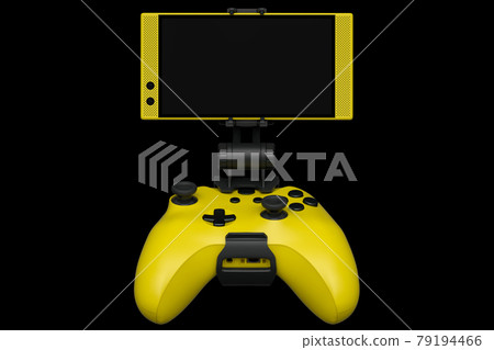 Realistic yellow joystick for playing games on mobile phone on black background 79194466