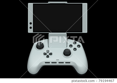 Realistic white joystick for playing games on mobile phone on black background 79194467