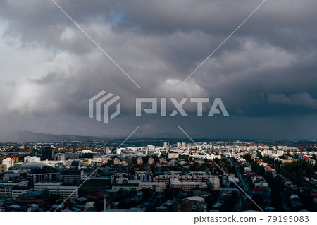 City aerial view from Hallgrimskirkja in Reykjavik, Iceland. 79195083