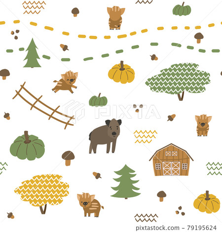 Autumn Seamless pattern of boar, piglets family. Vector childish illustration of hand drawn leaves, acorn, pumpkin, mushrooms, barn, fence, christmas trees Autumn Seamless pattern of boar, piglets family. Vector childish illustration of hand drawn leaves, acorn, pumpkin, mushrooms, barn, fence, christmas trees 79195624