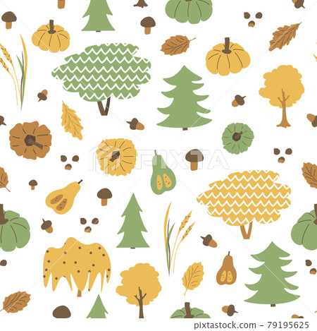 Autumn trees seamless pattern. Vector hand drawn larch, willow, alder, oak, leaves, acorn, pumpkins, wheat, mushrooms elements illustration on white background, flat style Autumn trees seamless pattern. Vector hand drawn larch, willow, alder, oak, leaves, acorn, pumpkins, wheat, mushrooms elements illustration on white background, flat style 79195625